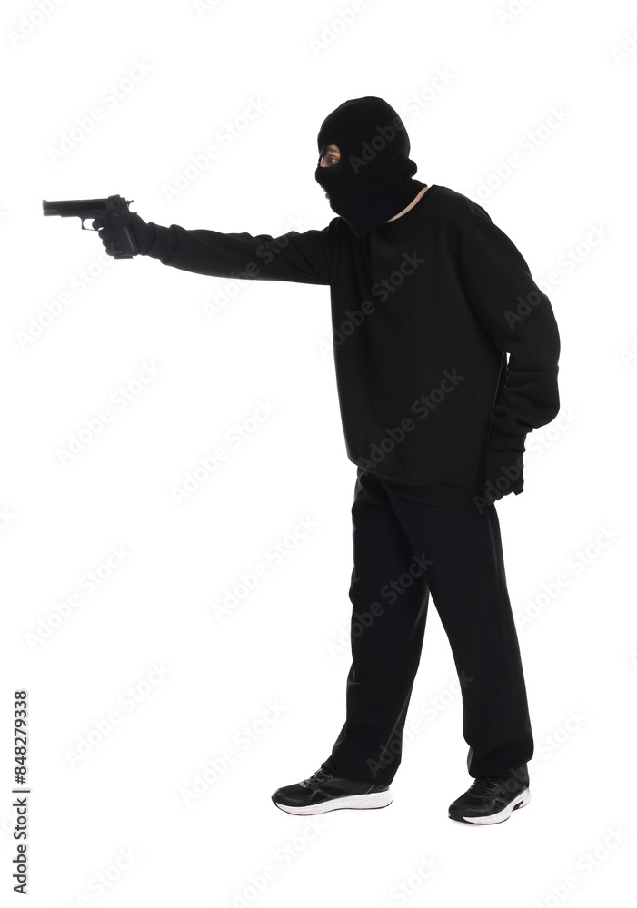 Thief in balaclava with gun on white background Thief in balaclava with gun on white background