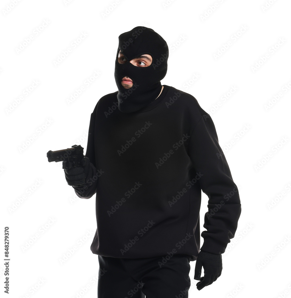 Thief in balaclava with gun on white background Thief in balaclava with gun on white background