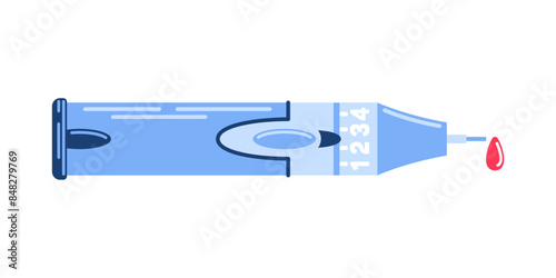 Automatic lancet for glucometer. drop of blood for analysis. Vector illustration flat style. Diabetes. Medical equipment. Glucose levels are normal. health monitoring, wellness gadgets, smart devices