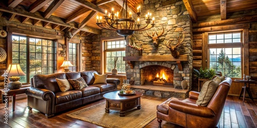 Rustic living room with stone fireplace, leather armchair © joompon