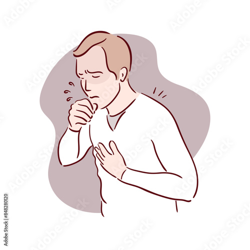 The man coughs. Disease, covid. unhealthy Sickness, asian young man unwell and coughing, have cold, sore throat suffering with symptom cough feeling bad. Hand drawn vector illustrations sketch style.