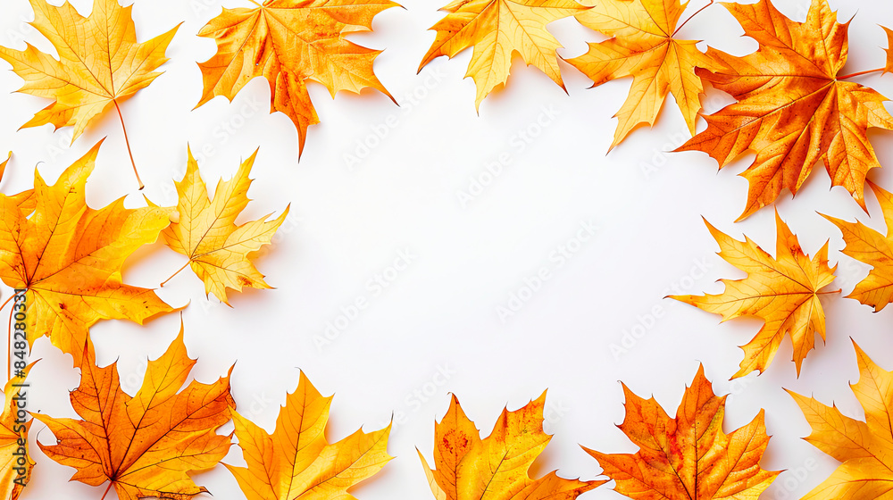 Yellow autumn leaves arranged on a white background, creating a seasonal frame. Concept: fall season, nature. Ideal for autumn promotions, Thanksgiving, seasonal marketing campaigns, and nature-themed Yellow autumn leaves arranged on a white background, creating a seasonal frame. Concept: fall season, nature. Ideal for autumn promotions, Thanksgiving, seasonal marketing campaigns, and nature-themed