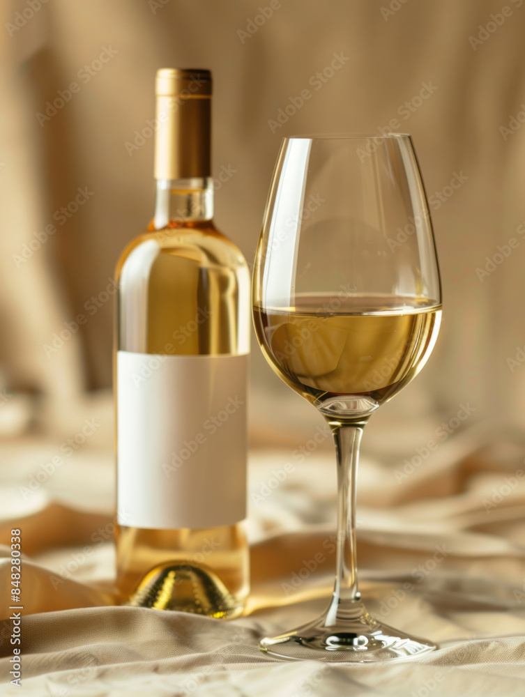 Bottle and glass of white wine on a beige background. White wine bottle with white blank label with space for logo, name or text
Bottle and glass of white wine on a beige background. White wine bottle with white blank label with space for logo, name or text