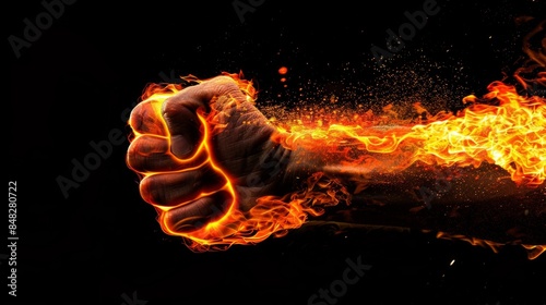 Close-up of a fiery fist, symbolizing power, energy, and force, set against a dramatic black background. photo