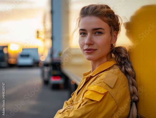 A woman in a yellow jacket stands in front of a yellow wall