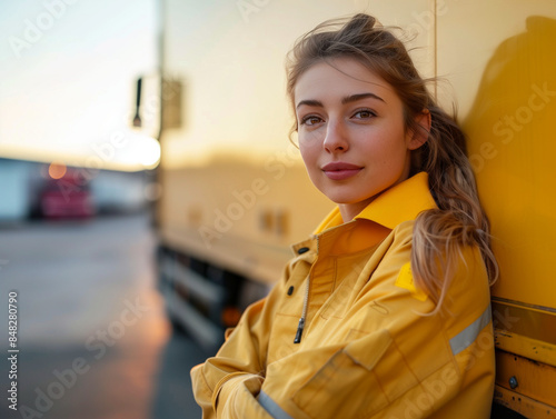 A woman in a yellow jacket stands next to a yellow truck