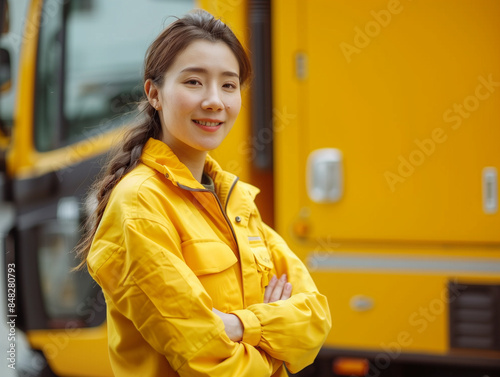 A woman in a yellow jacket stands in front of a yellow truck