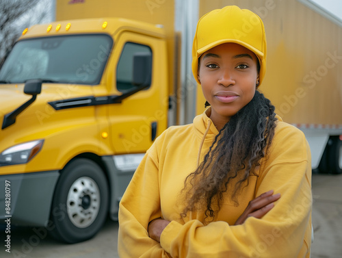 A woman in a yellow shirt stands in front of a yellow semi truck