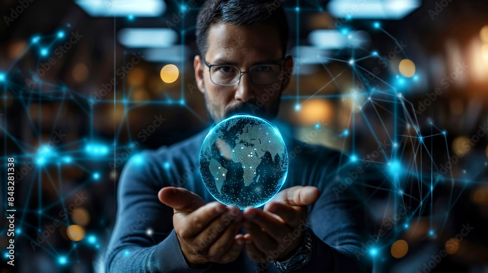 Fototapeta premium Futuristic Innovation: Man Holding Holographic Digital Globe with Network Connections