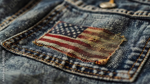 close-up of a vintage American flag patch on a denim jacket