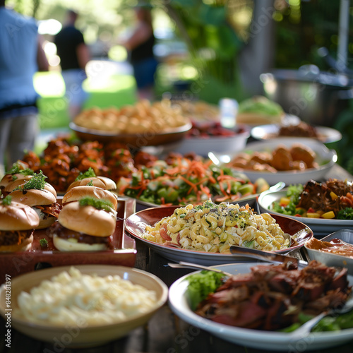 Happy Summer BBQ Party in the Backyard with Delicious Food Buffet and Cheerful Guests at 4:00 PM - Hyperrealistic 8k Scene Captured with Nikon Lens on Unreal Engine