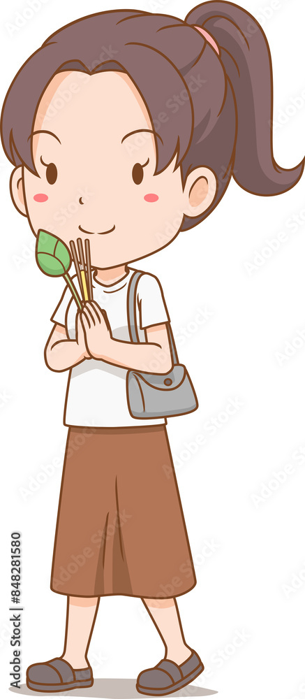 Cartoon woman with candle incenses and lotus flower walking in the circumambulation ceremony. Cartoon woman with candle incenses and lotus flower walking in the circumambulation ceremony.