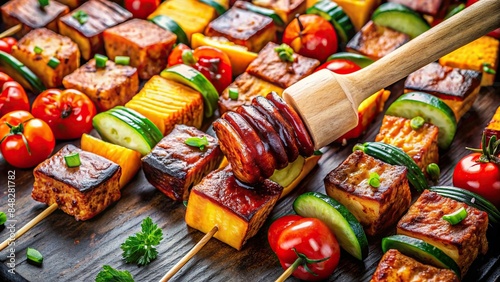 Vibrant image of spicy tempeh marinade being brushed onto skewered vegetables for grilling, bright, colorful, plant-based © wasan
