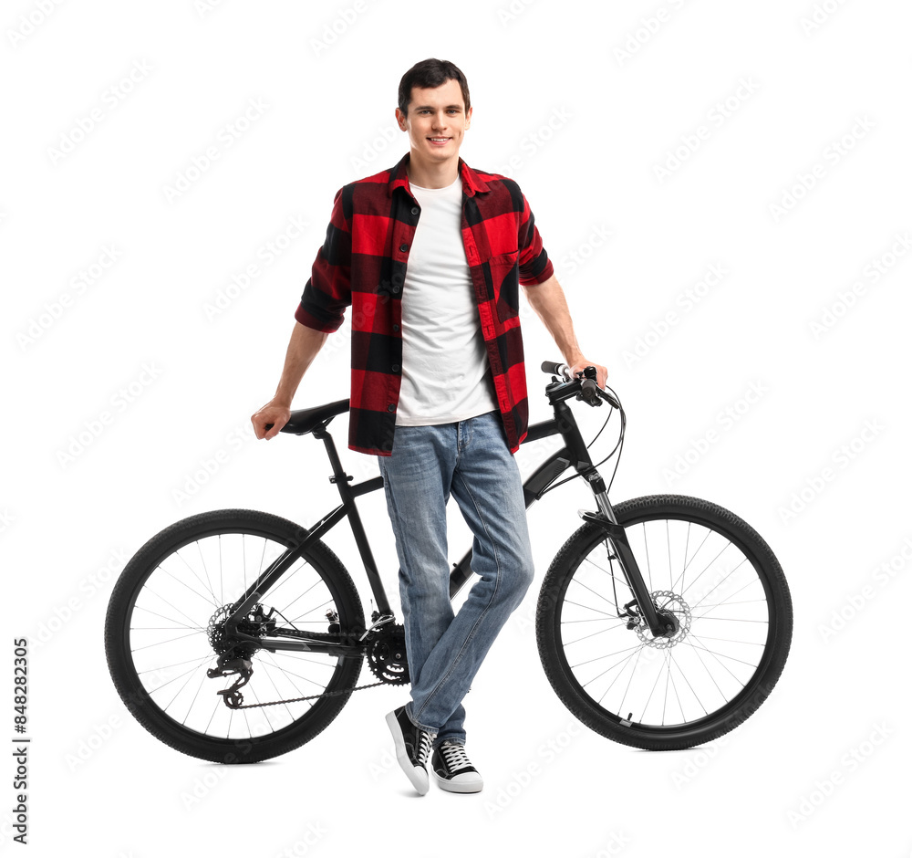 Smiling man near bicycle isolated on white Smiling man near bicycle isolated on white