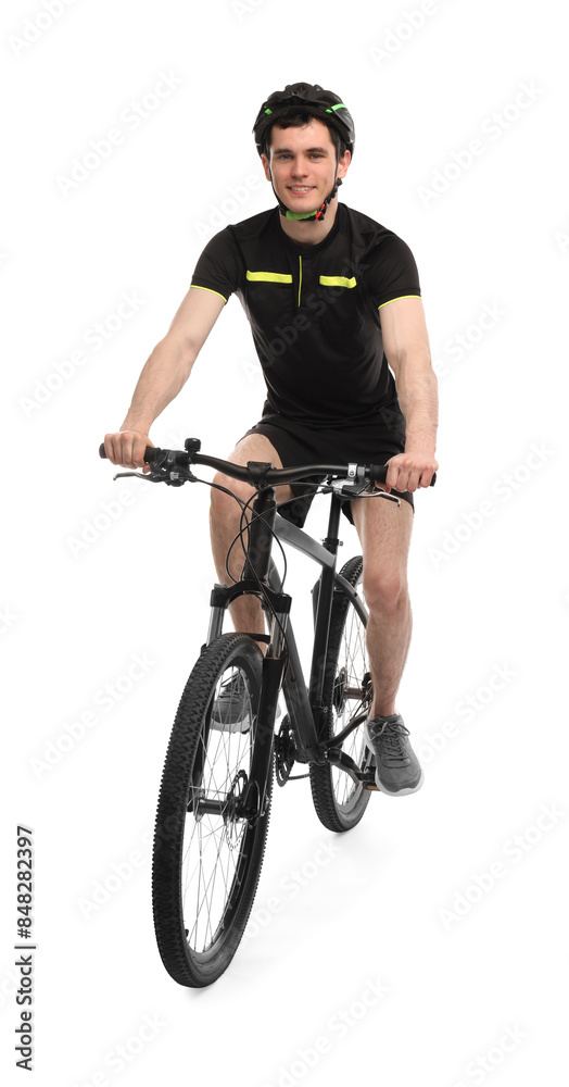 Smiling man in helmet riding bicycle on white background Smiling man in helmet riding bicycle on white background