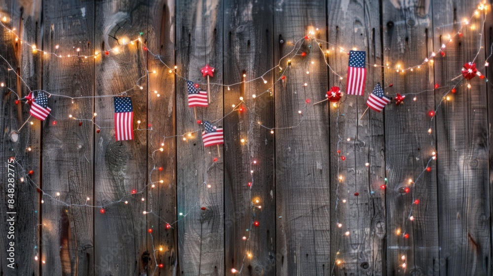 close-up of a weathered wooden fence decorated with small American flags and lights close-up of a weathered wooden fence decorated with small American flags and lights
