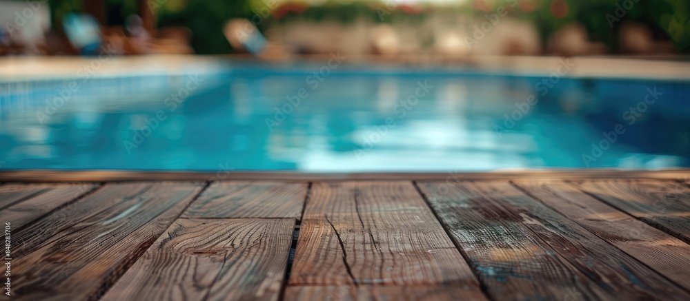 Obraz premium Wooden table in the foreground with a blurry swimming pool in the background