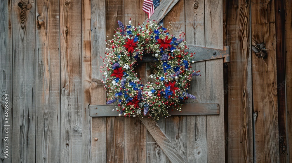 detailed shot of a patriotic wreath hanging on a rustic wooden door detailed shot of a patriotic wreath hanging on a rustic wooden door