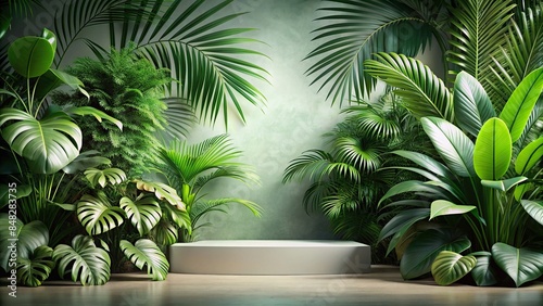 Natural beauty podium backdrop with tropical plants for product display, tropical, plants, natural, beauty, podium, backdrop © wasana