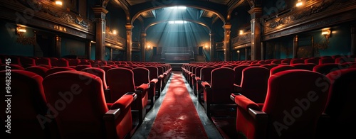 Row of empty red seats, movie theatre,