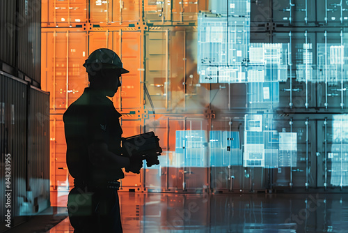 Inspection Process Silhouette of a customs officer with a superimposed image of scanning equipment and cargo pallets.