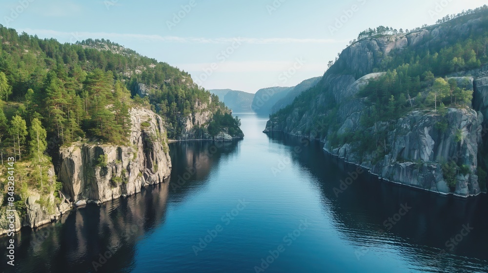 Obraz premium Drone view of a tranquil fjord with steep, forested cliffs.