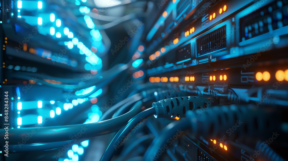 Organized Network Fiber optic cables connected to a server rack, neatly arranged and glowing. Organized Network Fiber optic cables connected to a server rack, neatly arranged and glowing.