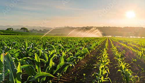 Spring corn field with water irrigation system and sprinklers watering plants photo