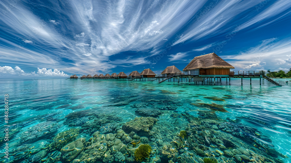 An exotic island resort with overwater bungalows and pristine beaches, surrounded by vibrant coral reefs and a sky streaked with wispy cirrostratus clouds