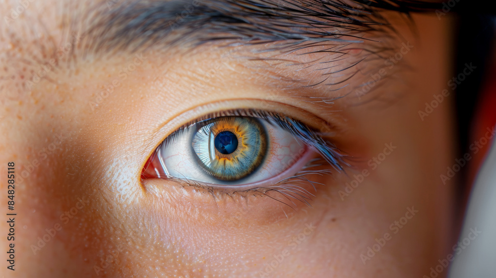 Naklejka premium Close-up of blue eye with yellow reflections in a young oriental man