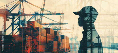 Port Scene Silhouette of a customs officer merged with an image of a busy port, featuring stacked cargo containers and cranes. photo