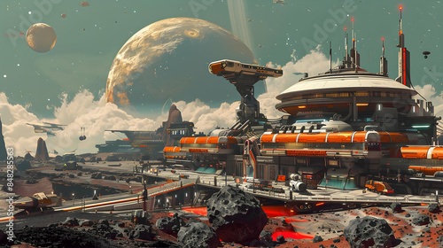 An intergalactic trading hub with bustling markets and exotic alien bazaars, nestled amidst asteroid fields beneath a sky filled with drifting space debris clouds