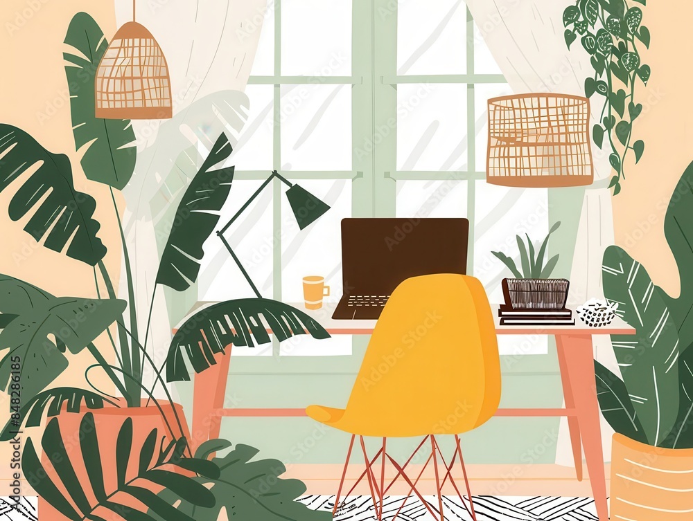 A home office with a large window, a desk, a chair, and a few plants A home office with a large window, a desk, a chair, and a few plants