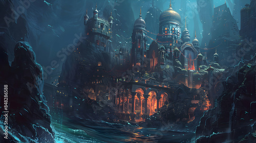 Beneath the waves, a hidden city in a fantastical world lies dormant, its domes and towers gleaming with a pearly luminescence photo