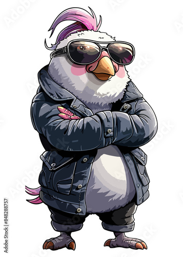 A cartoon character Pigeon stands upright, wearing clothes, with arms crossed and aviator sunglasses.