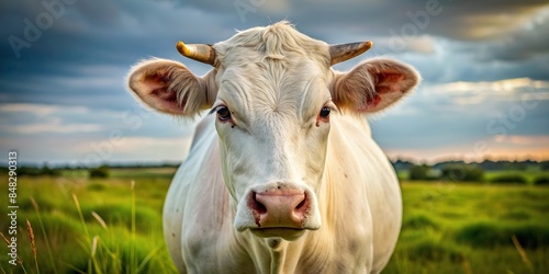 White cow standing in a field, making eye contact with the camera , cow, white, field, farm animal, livestock, agriculture