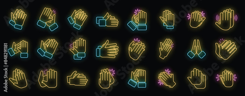 Handclap icons set outline vector. Acclaim body. Cheer clapping neon color on black