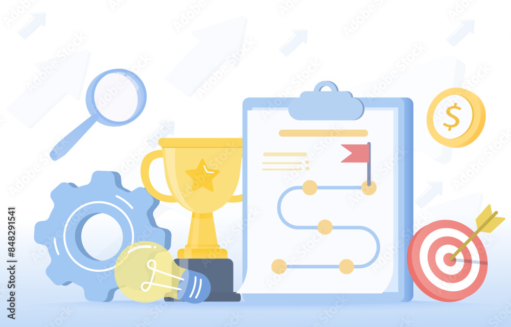Business ideas and startup concept. Business strategy planning, tactical management, competition, opportunity and goals to achieve success. Flat vector design illustration. Business ideas and startup concept. Business strategy planning, tactical management, competition, opportunity and goals to achieve success. Flat vector design illustration.