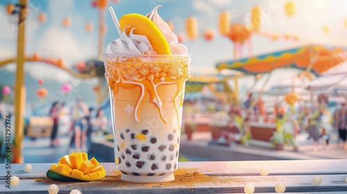 A classic bubble tea milkshake with mango and tapioca pearls, topped with whipped cream and a mango slice, set against a backdrop of a bustling citya??s summer festival. photo
