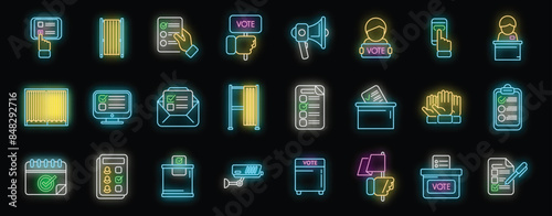 Polling booth icons set outline vector. Ballot box. Choice election neon color on black photo