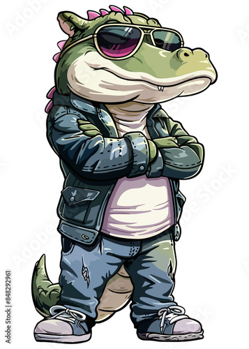 A cartoon character Alligator stands upright, wearing clothes, with arms crossed and aviator sunglasses.