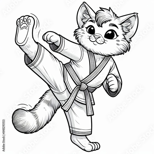 cute cat performing tekwondo high kick cartoon ,coloring book page Generative AI photo