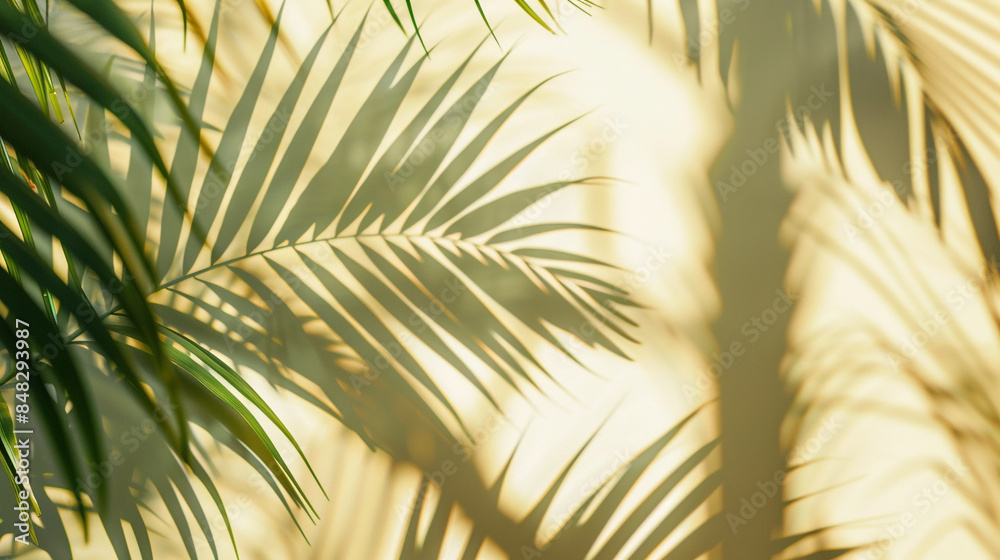Blurred shadow from palm leaves on the light lemon color wall. Minimal abstract background. Blurred shadow from palm leaves on the light lemon color wall. Minimal abstract background.