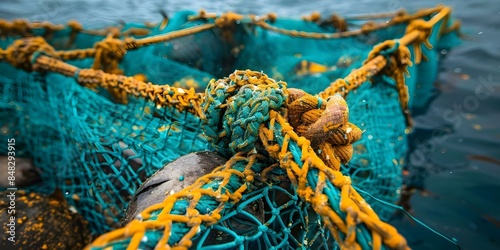 Impact of waste on marine animals Struggling in nets in the ocean. Concept Marine pollution, Overfishing, Plastic waste, Habitat degradation, Wildlife conservation photo