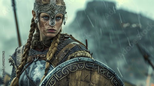 A stormy sky looms over a fierce norse shieldmaiden, highlighting the warrior spirit of a viking woman ready to defend her land