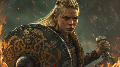 A nordic woman warrior, presenting as a fierce shieldmaiden, holds a viking shield amidst a fiery environment, portraying readiness