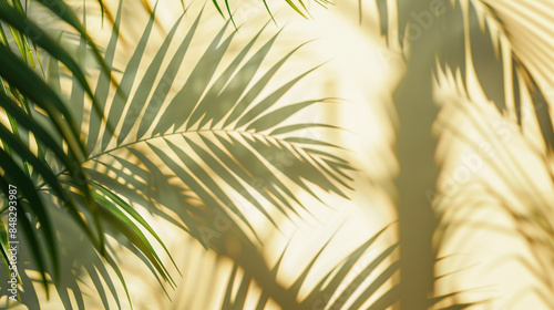Blurred shadow from palm leaves on the light lemon color wall. Minimal abstract background.
