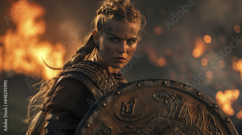 Fierce norse shieldmaiden with a determined look