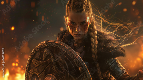viking warrior with her hair in braids exudes a fierce spirit, indicative of a powerful nordic shieldmaiden ready for conflict