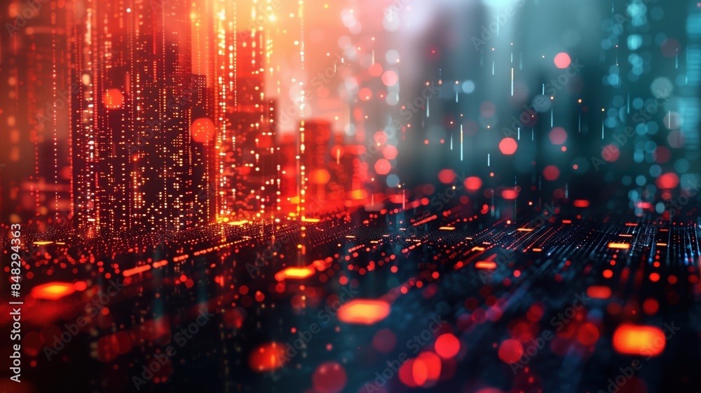 Futuristic digital cityscape with glowing lights and bokeh effects, representing technology and innovation in an urban setting. Futuristic digital cityscape with glowing lights and bokeh effects, representing technology and innovation in an urban setting.